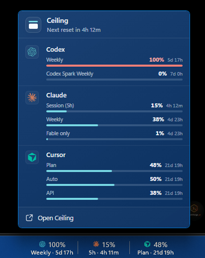 Ceiling tray flyout showing AI capacity remaining