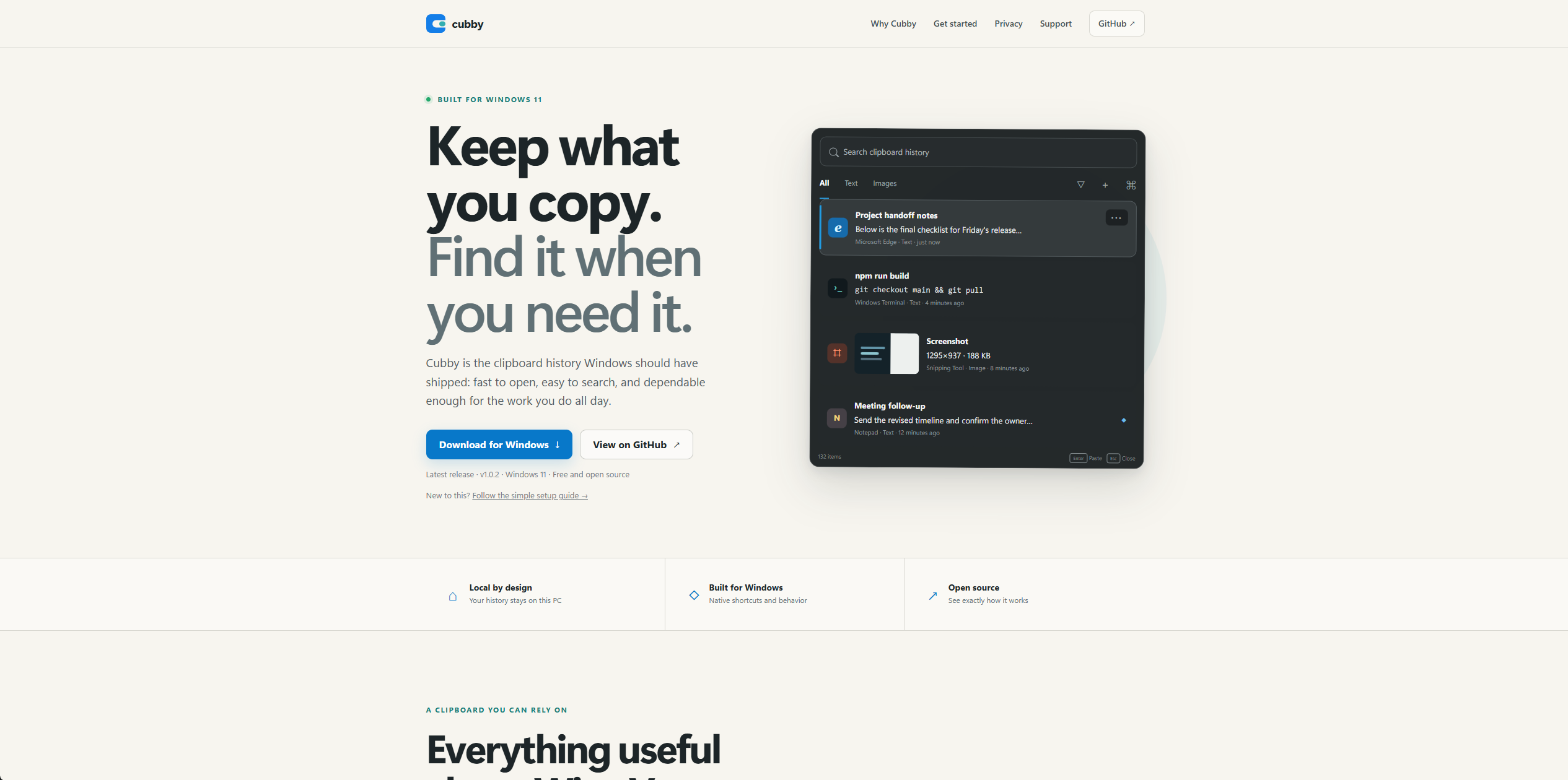 Cubby website and Windows 11 clipboard flyout