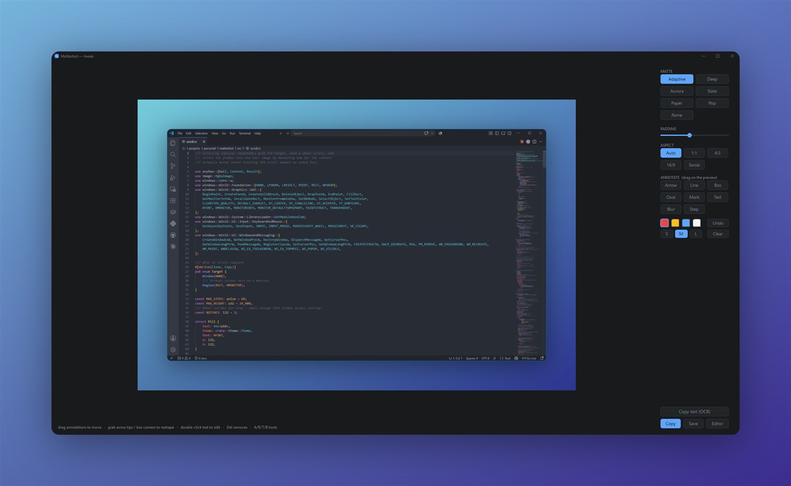 Matteshot tweak editor with annotation and framing controls